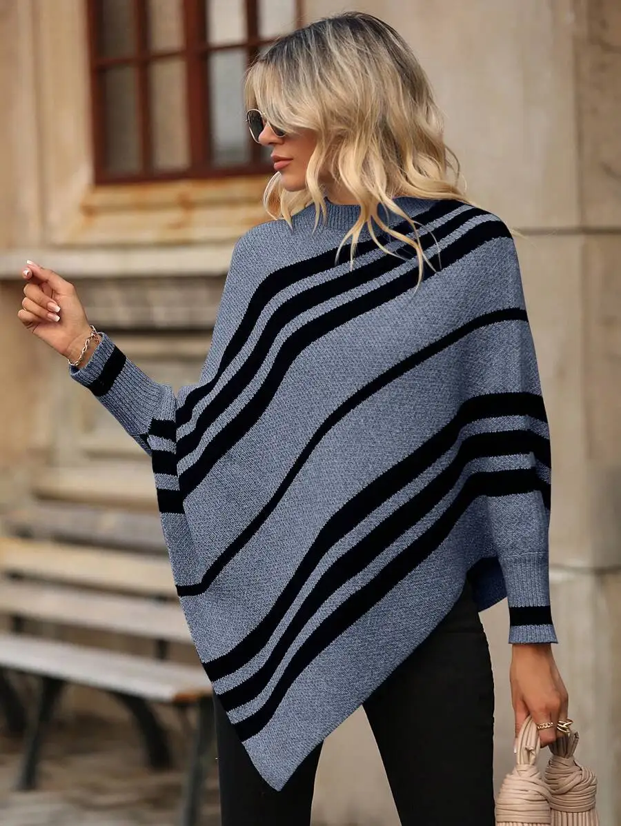 

Women's Crew Neck Batwing Sleeve Striped Knit Pullover Sweater