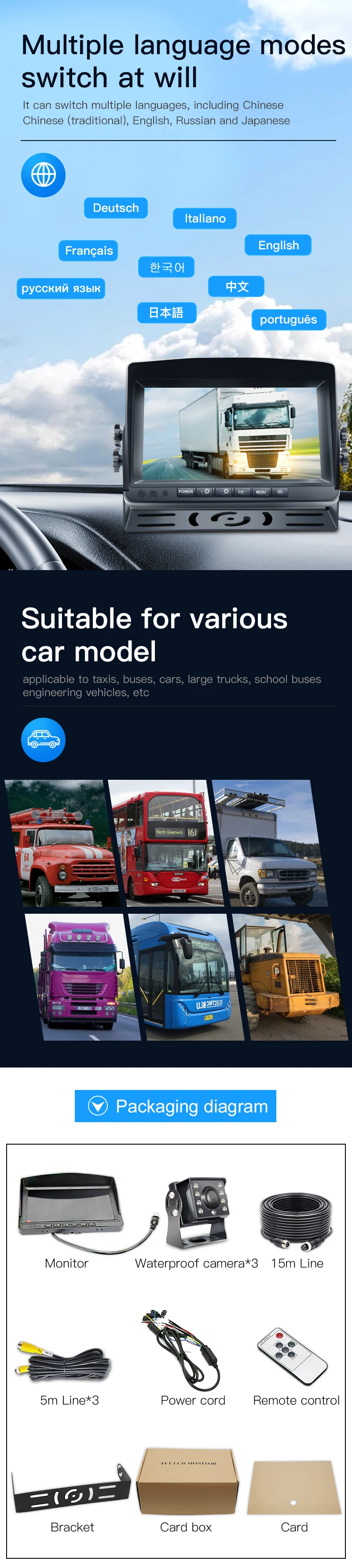 CCENTEN 9inch 4 Channels AHD 720P Quad  Car Display Reverse Rearview Camera System Universal Gua 5W Universal Dash Truck