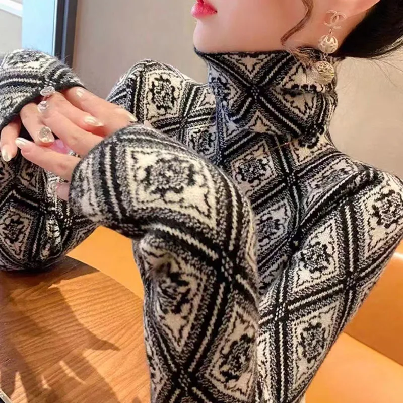 Women Clothing Ethnic Style Fashion Slim Pullovers Early Spring Vintage Jacquard Elasticity Sweaters Kniited New Turtleneck Tops