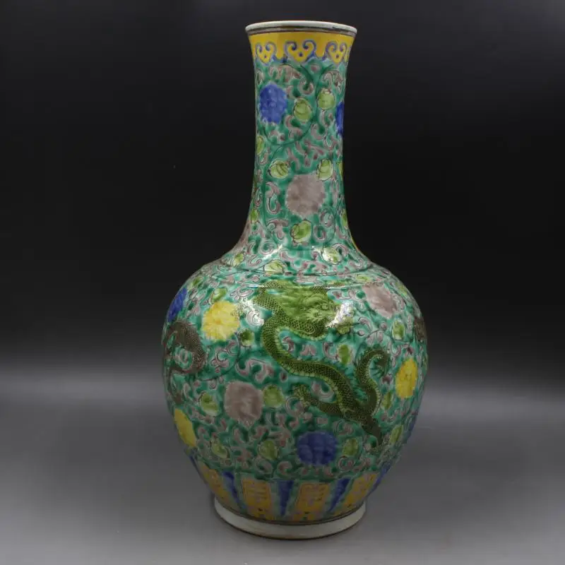 Винтажные вазы Qing Kangxi, большие зеленые земляные, Famille, роза, цветок, дракон, ваза, ручная роспись, антикварные фарфоровые украшения