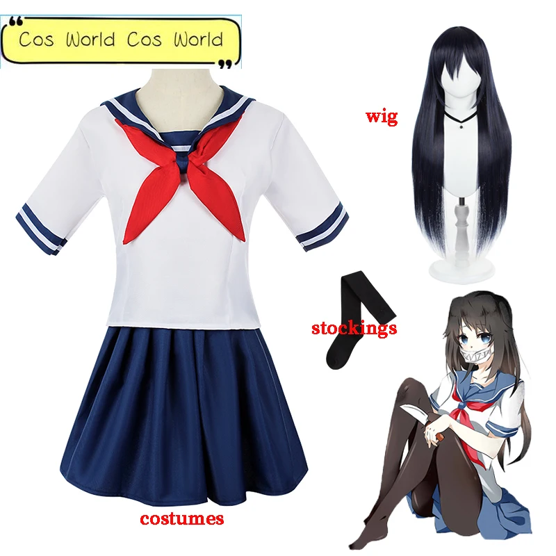 

Anime Yandere Simulator Ayano Aishi Cosplay Costumes Wig Women Girl School JK Uniform Sailor Shirt Skirt Dresses Student Clothes