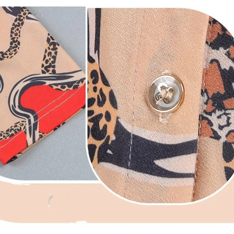 Spring and Autumn Women's Polo Collar Single Breasted Leopard Pattern Dot Geometry Contrast Color Long Sleeve Cardigan Tops