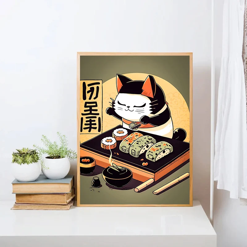 

Japanese Black Cat Eating Noodles Canvas Poster Cat Food Kitchen Wall Art Prints Painting for Modern Living Room Home Decor