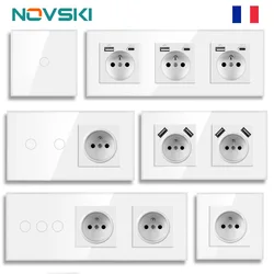 NOVSKI Touch Light Switch France Sockets USB C Phone Charge Crystal Glass 1/2/3Gang Wall Switches Double Sockets white