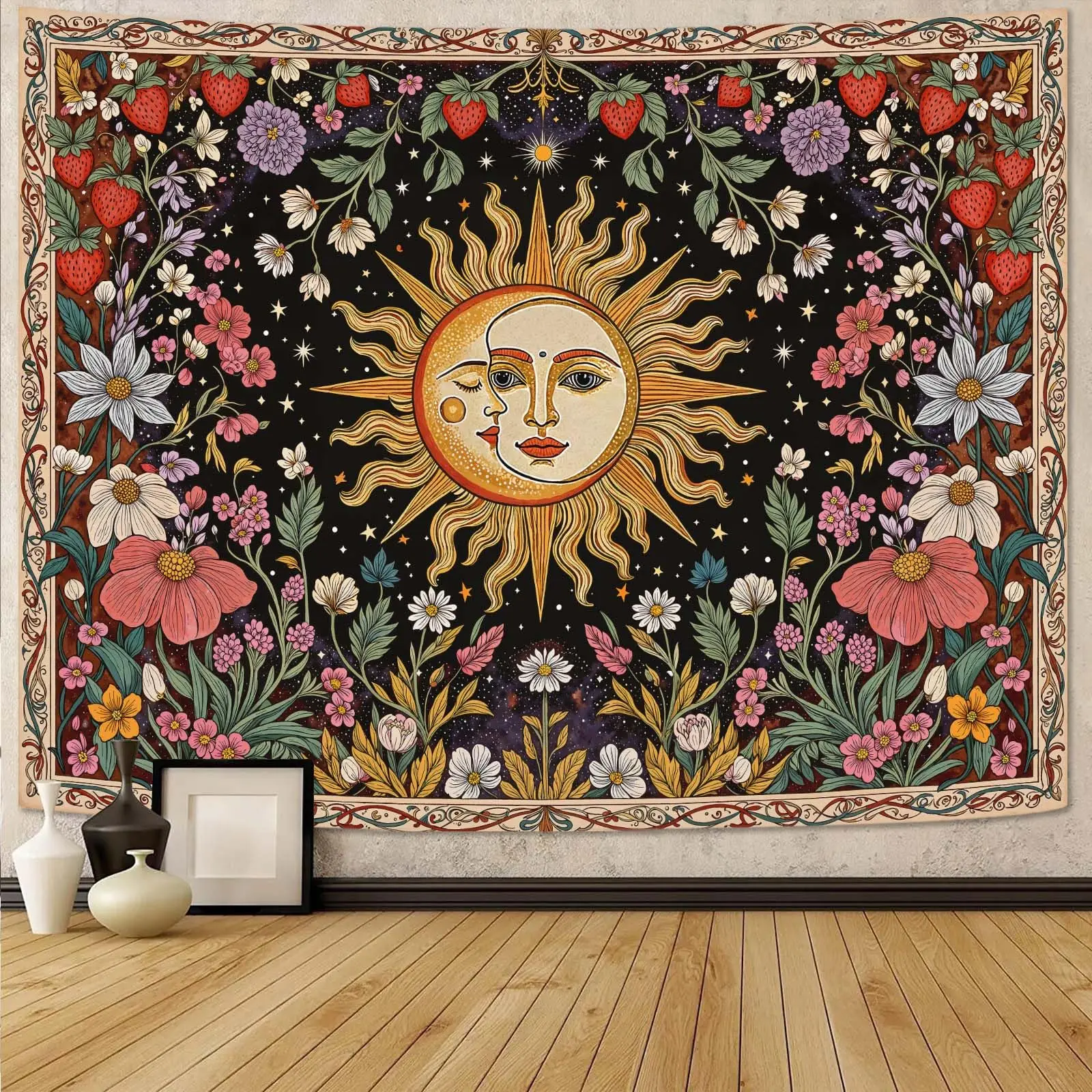 1PC Boho Sun Moon Floral Strawberry Red Yellow Print Tapestry, Boho Style, Bedroom Living Room Kitchen Wall Hanging, Wall Art
