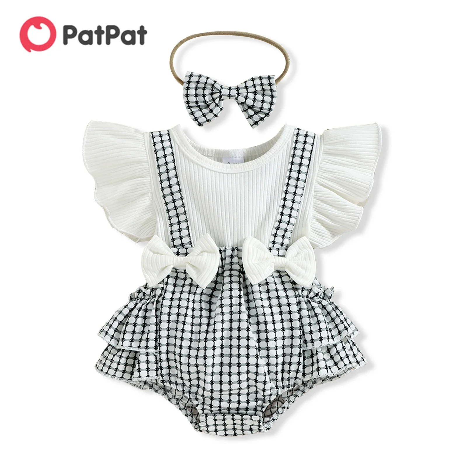 PatPat 2pcs Baby Girl 95% Cotton Ribbed Ruffle-sleeve Bowknot Splicing Plaid Layered Romper with Headband Set