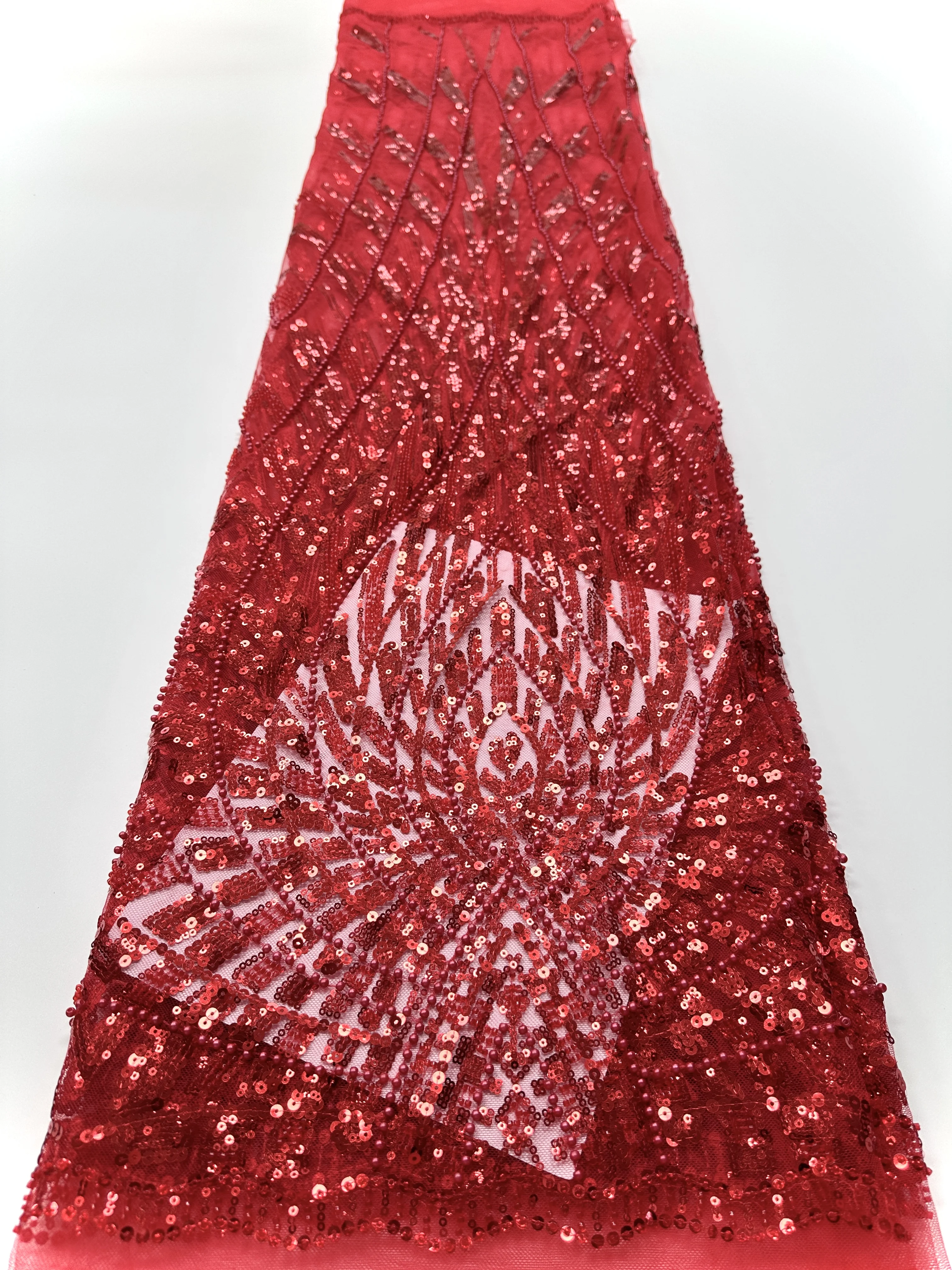 

Red African Lace Fabric 2025 Sequins Beaded Embroidery Groom Nigerian Bridal High Quality French Tulle Lace Fabric For Wedding