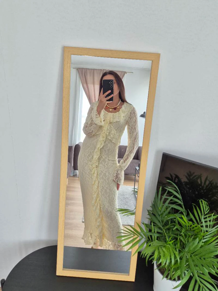 Hirsionsan Lace Elegant Dress Women Floral Graphic Chic Maxi Dresses with Ruffles Sexy Autumn V Neck Party Dress for Female 2025