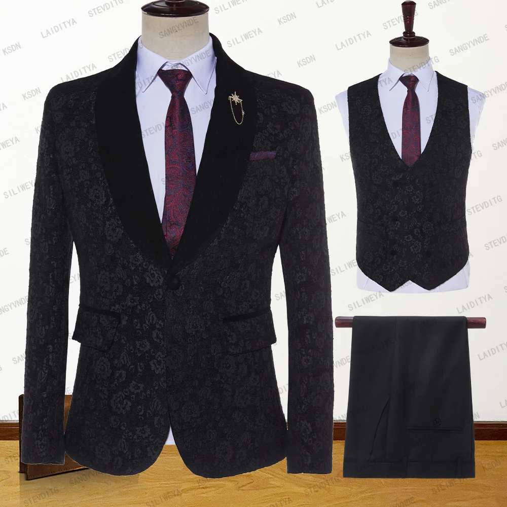 2023 New Men Skinny 3 Pcs Set Black Velvet Flower Pattern Formal Slim Fit Tuxedo Prom Suit Male Groom Wedding Jacket Pants Vest