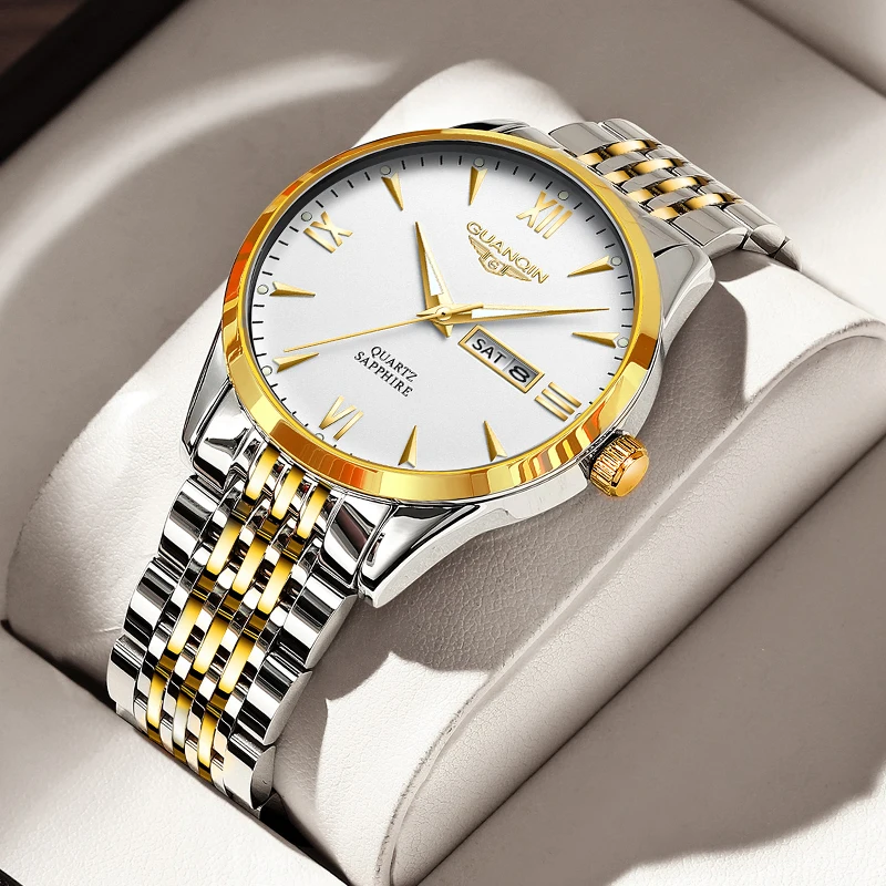 GUANQIN Men's Watches Business Fashion Stainless Steel Original Brand Quartz Wristwatch for Man Waterproof Luminous Date Week