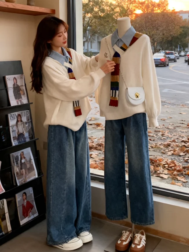 

Ladies Knitted Sweater And Denim Jeans Set Autumn Winter College Style Three Piece Set Base Shirt High Waist Pants V Neck Lon...