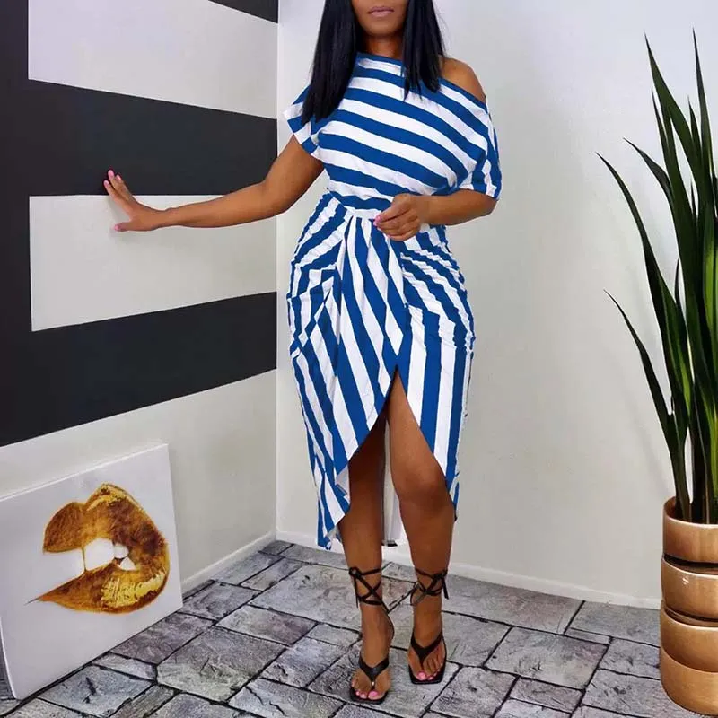 2024 New Stripe Blue Dress For Women Clothing Summer Casual Solid Colour Vintage Fashion Short Sleeve Beach Vacation Dresses