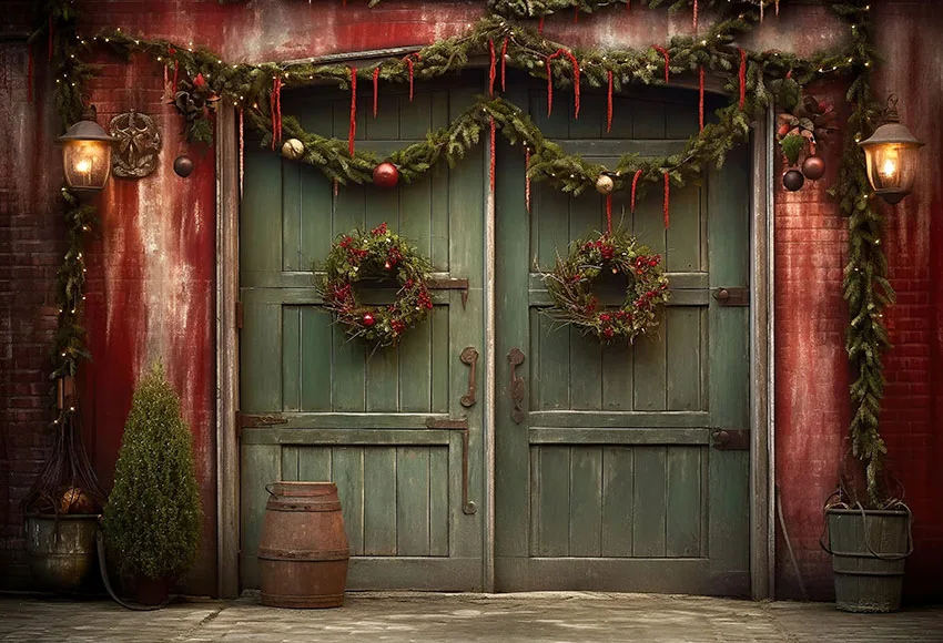 Mehofond Christmas Red Barn Door Backdrop Rustic Wooden Board Xmas Tree Gifts Family Kid Holiday Portrait Photography Background