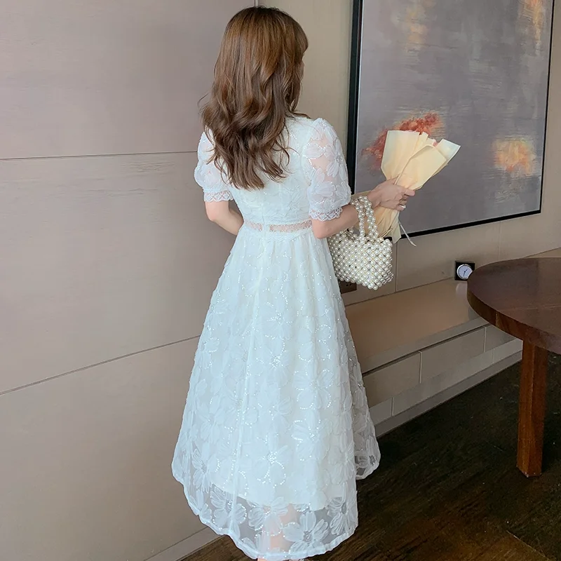 Korean Vintage Women Clothes Fashion Floral Embroidery Elegant Puff Sleeve Vestidos Hollow Out Midi Robe Summer White Lace Dress