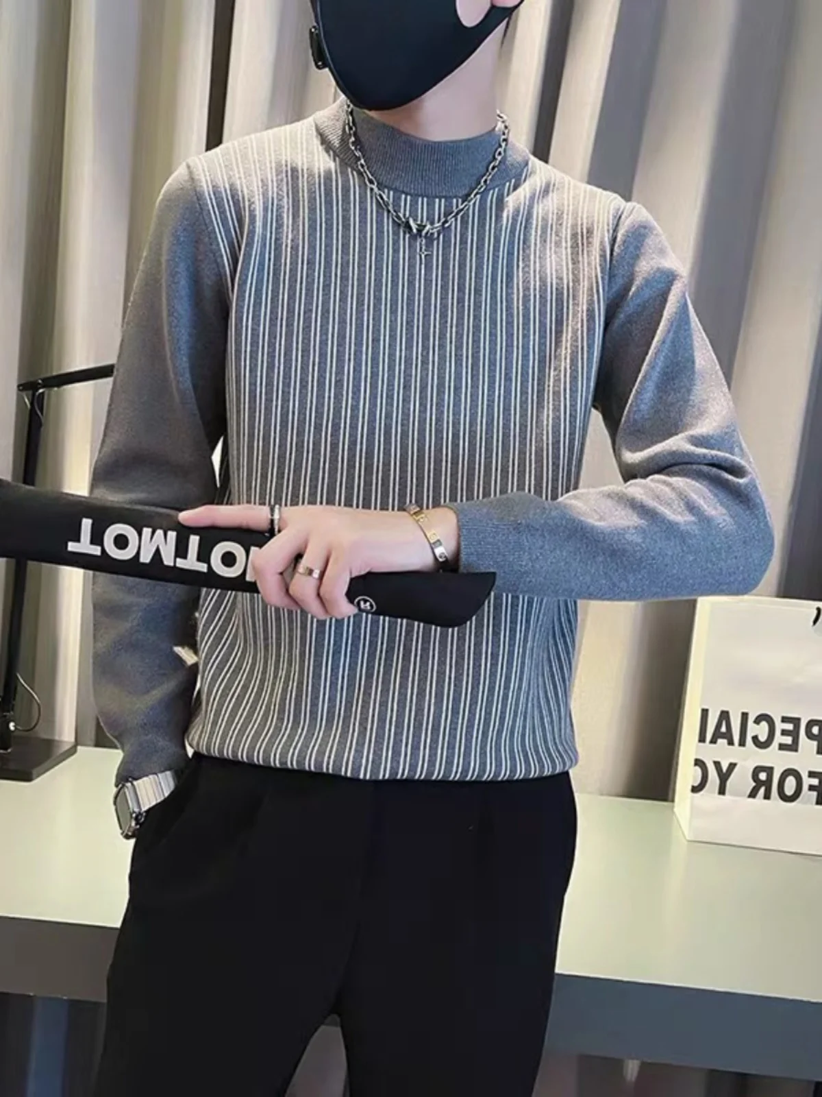

Faionable Striped Men's Long Sve Knit Sweater High Ne Base Layer irt Trendy Autumn Winter Casual Comfortable Knitted...