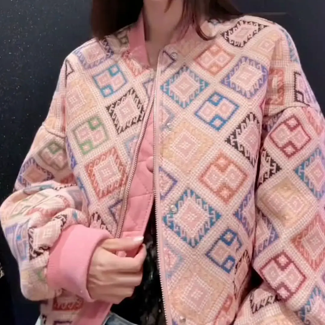 

Тенденции Жаккардовая куртка-бомбер с круглым вырезом Женское пальто Весна-Осень Новая универсальная свободная повседневная куртка Верхняя одежда с длинными рукавами