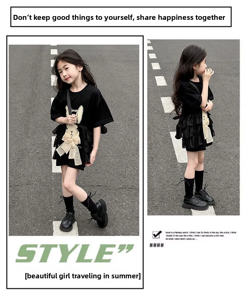 2026 Neues Sommer-T-Shirt-Kleid für Mädchen mit Hasen-Print und Schleife, lockeres langes Kinder-T-Shirt-Oberteil für Mädchen von 5-16 Jahren – Detail 4