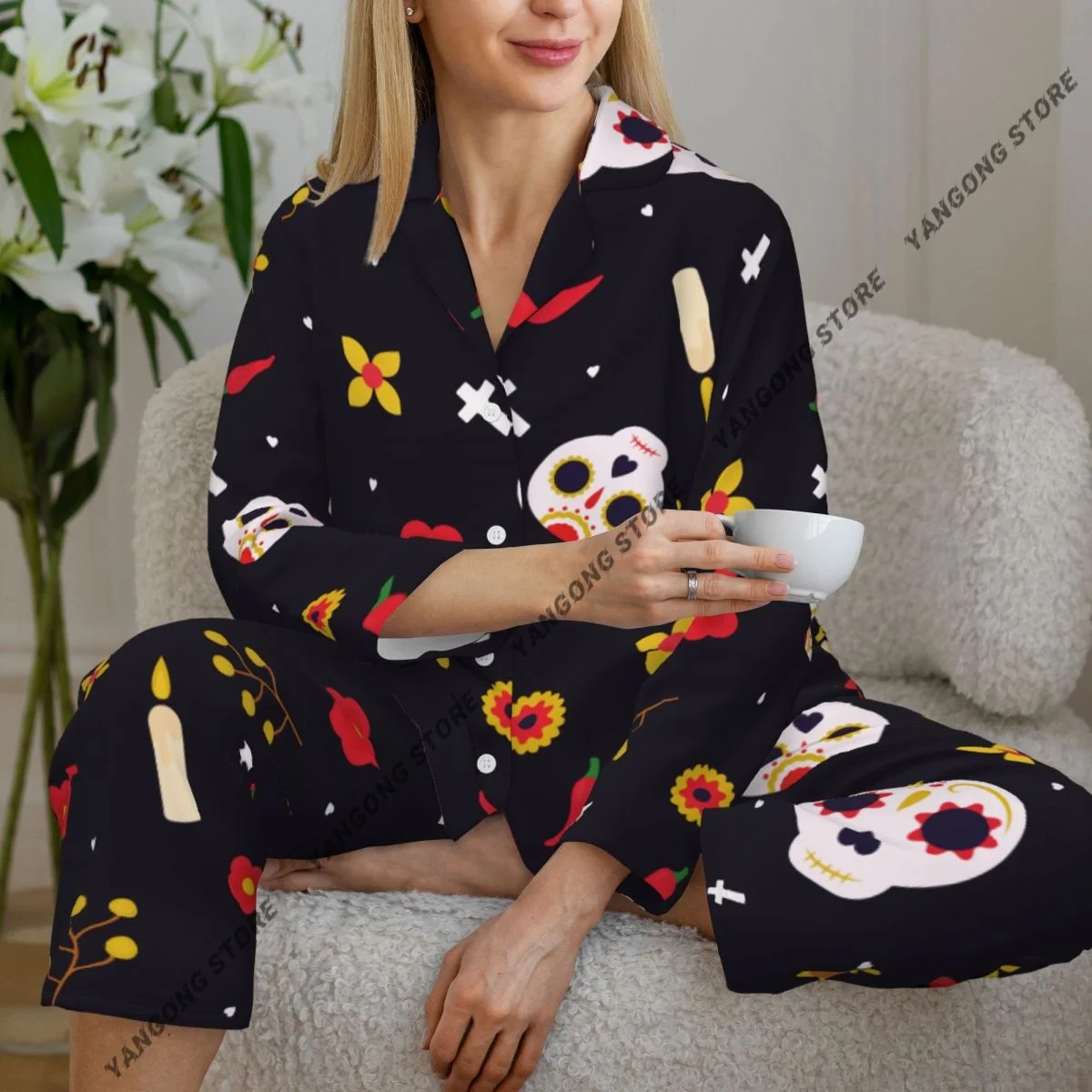 Day Dead Skulls Womens Pajamas Loungewear Two-piece Sleepwear Button-Down Full Sleeve Long Pajamas Set