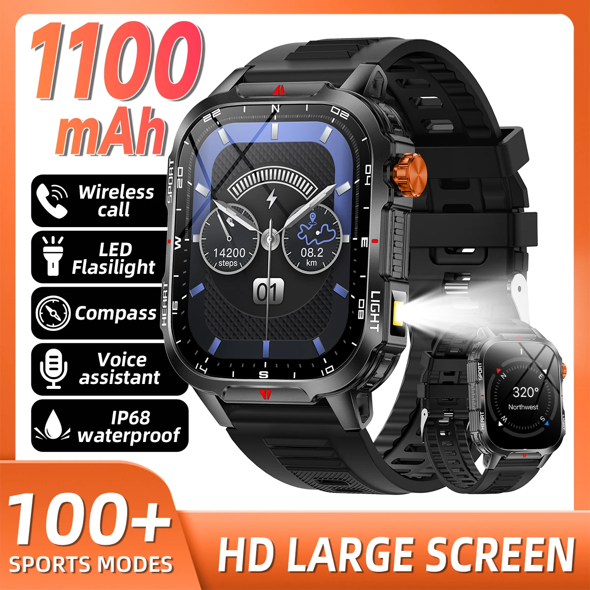 

New Smart Watch Waterproof 2.01-inch Screen Flashlight Compass 1100mAh Large Capacity Battery Men Women Outdoor Watch For Xiaomi