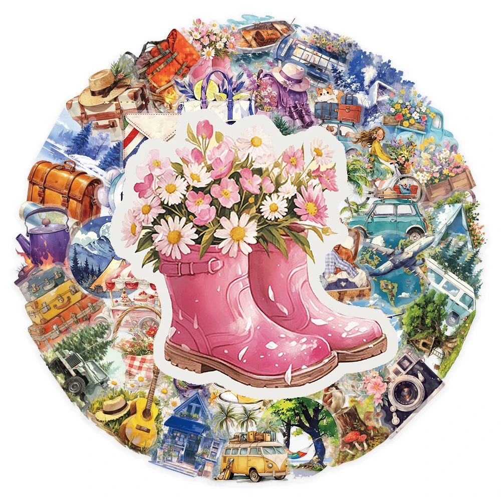 

10/30/50pcs Transparent Watercolor Outdoor Travel Cartoon Stickers Aesthetic Decals DIY Luggage Scrapbook Phone Graffiti Sticker