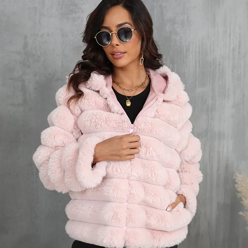 2026 Faux Fur Women Coats Hooded Full Sleeve Short Coat Zipper Thick Warm Solid Temperament Elegant Splice Autumn Winter