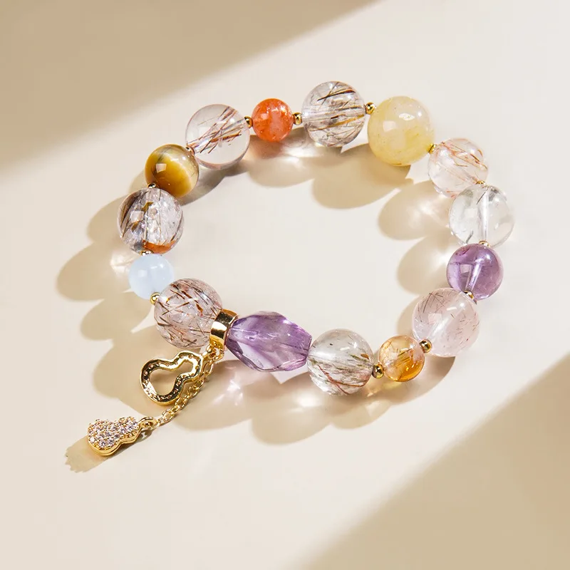 Colorful Natural Amethyst 8-12mm Crystal Beads Bracelet Clear Quartz Gemstone Hand Chain Bangle Multi Treasure Beads for Women
