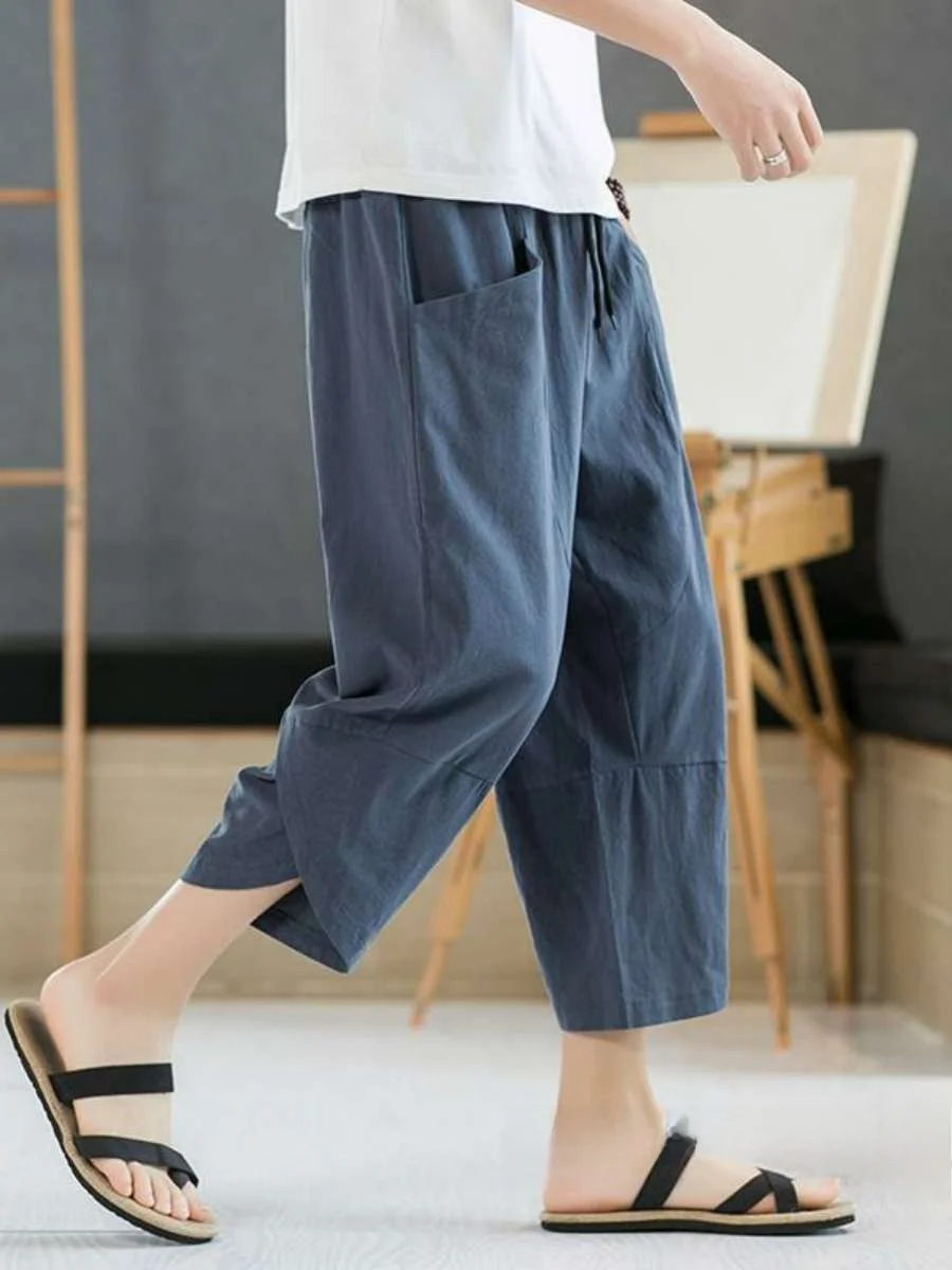 

Men's Casual Loose Thin Linen Seven-Foot Pants Summer High Waist Straight Leg Non-Elastic Cotton-Linen Daily Wear