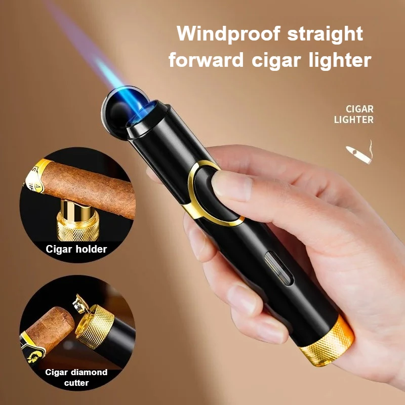 

Новая ветрозащитная газовая зажигалка Jet Blue Flame на бутане, портативная, многофункциональная, с держателем для сигар и пробойником, аксессуары для сигарет, подарок для мужчин