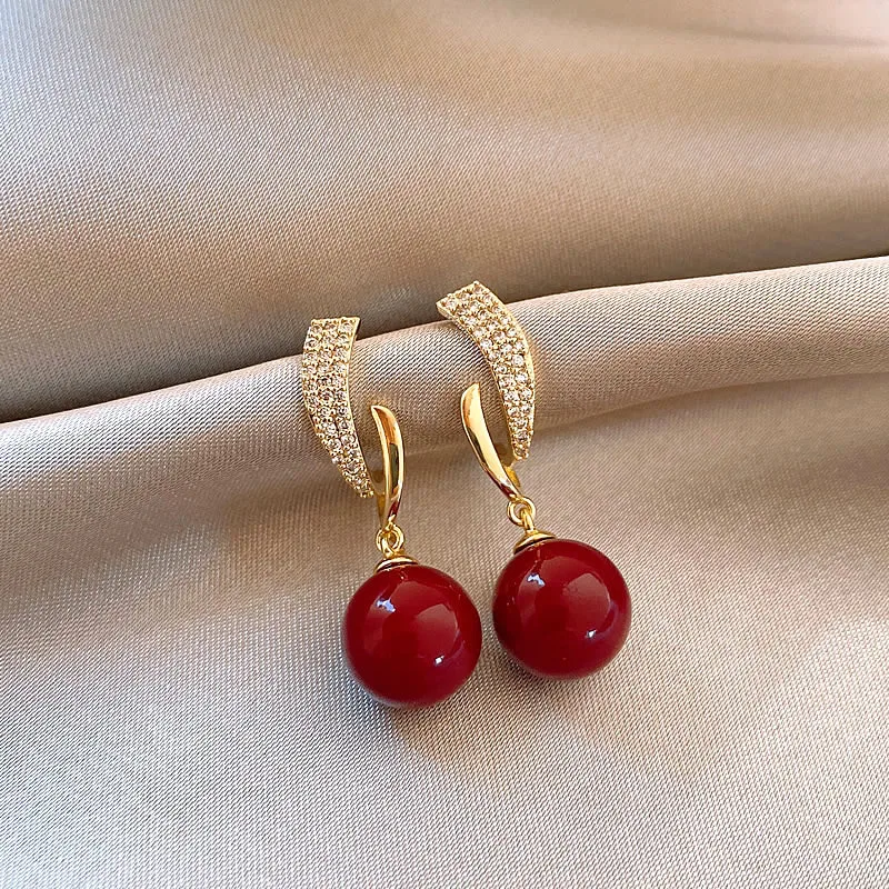 New Real Gold Electroplated Angola Red Micro-inlaid Pearl Temperament Fashionable Light Women's Earrings Jewelry Gift