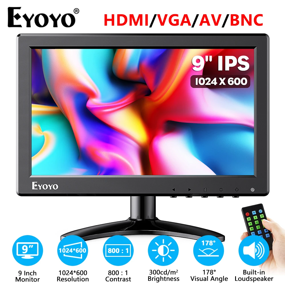 Eyoyo EM09B 9 Inch 1024x600 Small Desktop Monitor With Speaker&Remote Controller Supports Wall-mounted VGA/AV/BNC/HDMI Display