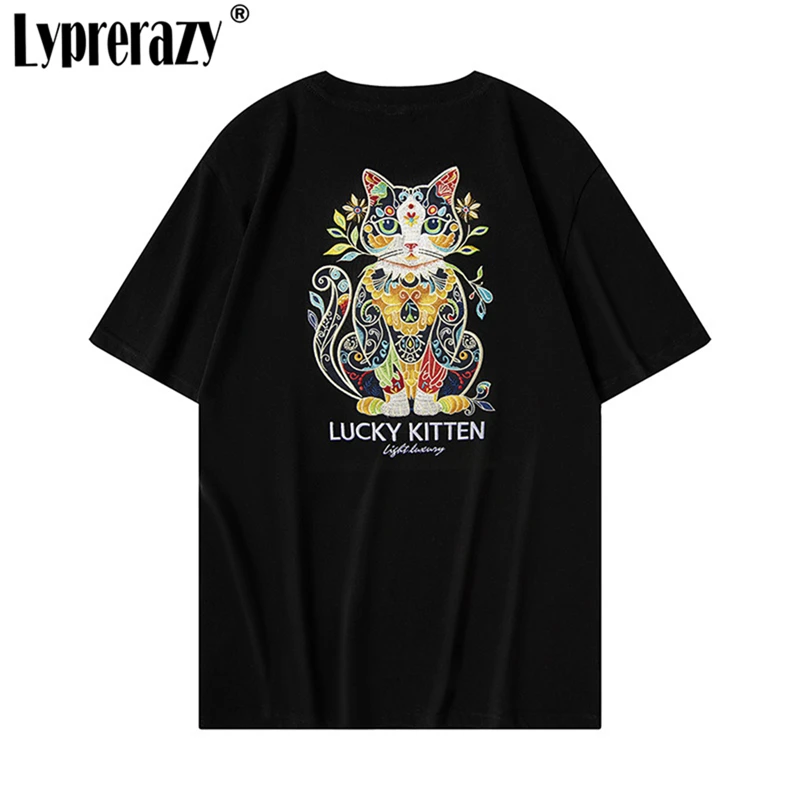 

Lyprerazy National Tide Cat Embroidery Loose Short-sleeved T-shirt Summer Round Neck Cotton Loose Tops Tees