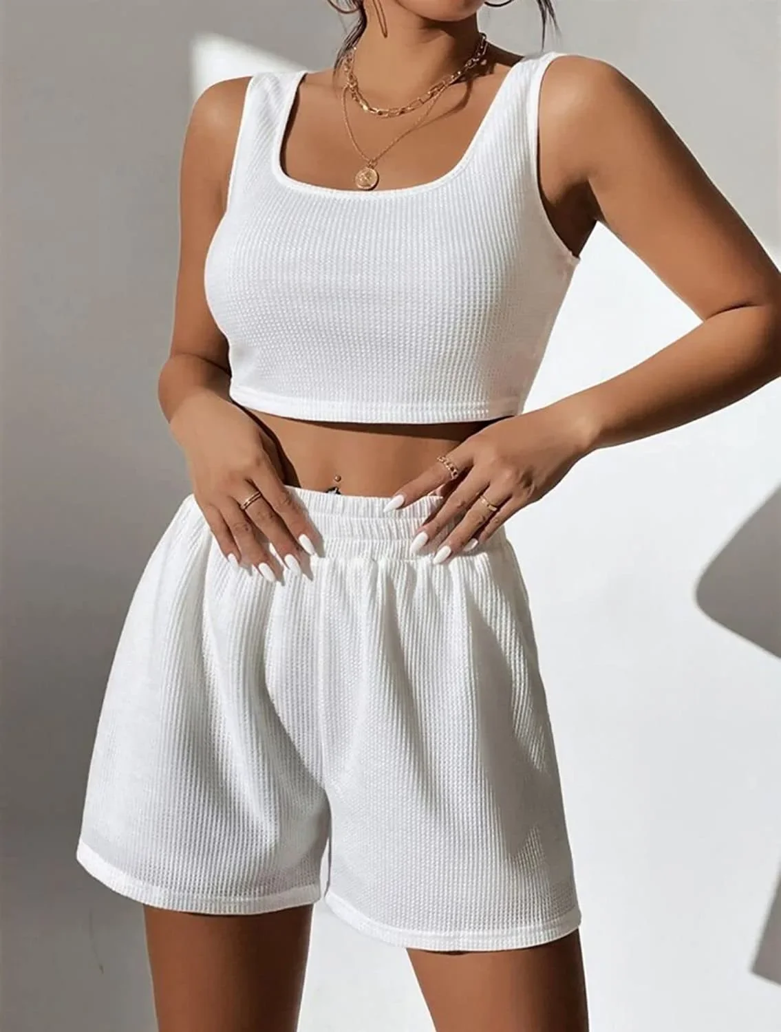 

2025 Summer Women Set Women's Knitted Sleeveless Two Pieces Fashion Casual Solid Color Suit New Women Shirt+Short Pants