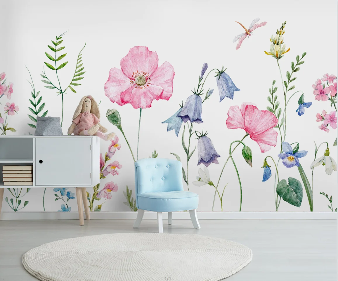 

Custom mural Nordic Little Fresh Hand painted watercolor flowers Flower Bedroom children's room decor wallpaper