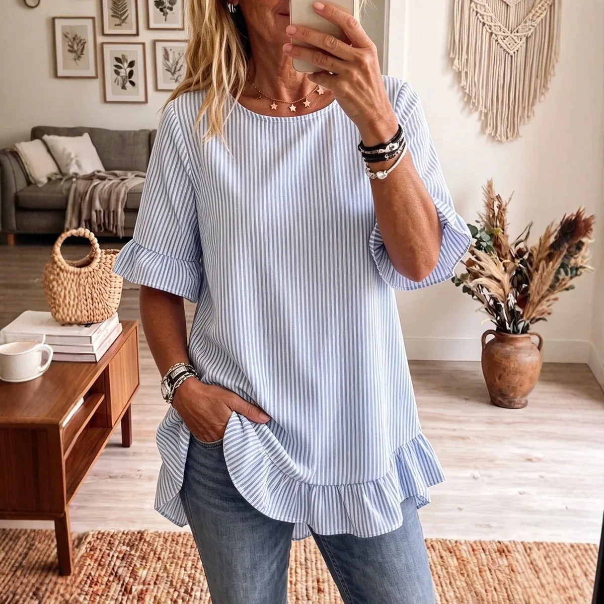 

Summer Blouse Women Striped Ruffle Sleeve Blouses Casual Beach Date Chiffon Blouse Blue Striped Loose Fit Flared Sleeve Top