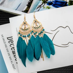 Fashion Bohemian Long Feather Drop Dangle Earrings For Women Geometric Enamel Beads Handmade Gold Color Boho Jewelry Earrings