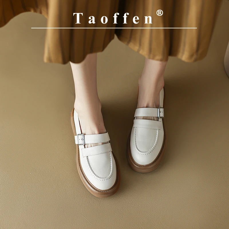 

Taoffen Casual Loafers Women Genuine Leather Solid Square Heel Metal Buckle Flat Shoes Mature Round Toe Thick Sole Office Shoes