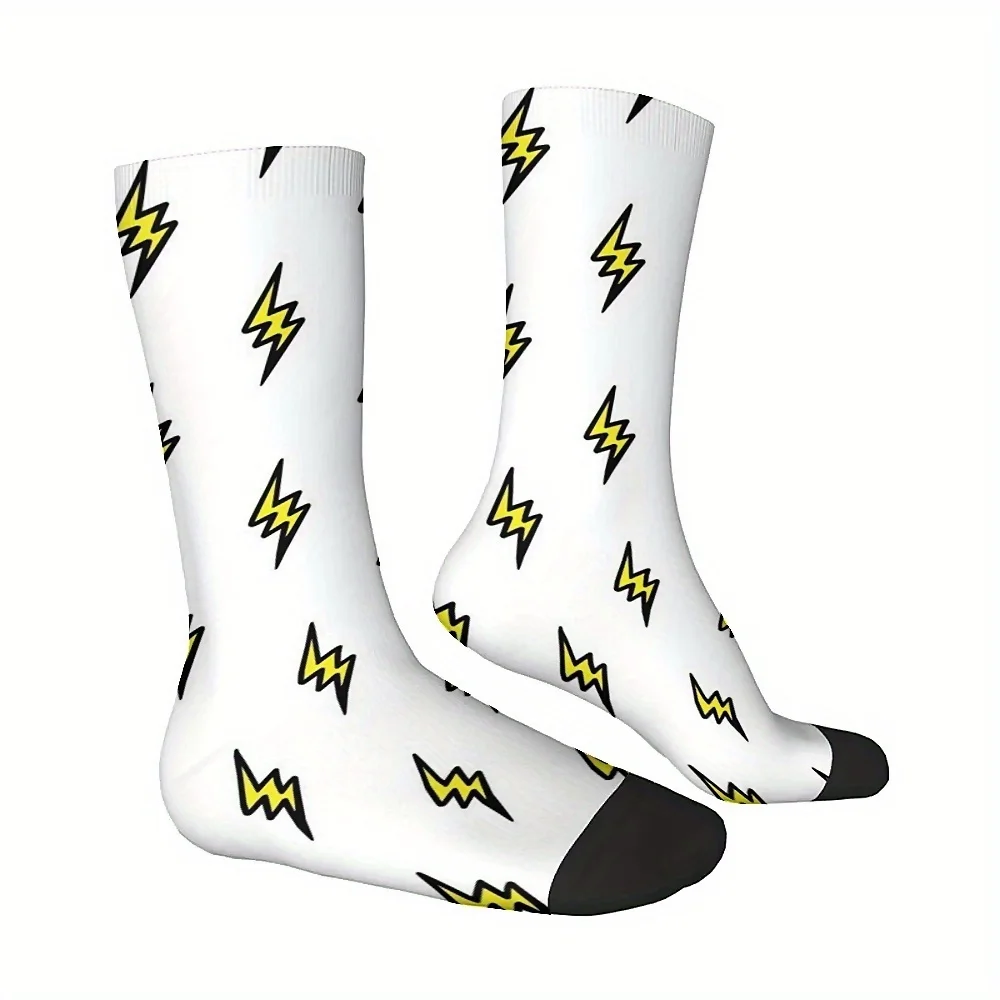 1 Pair Unisex Harajuku Seamless Print Crew Socks, Novelty Fun Lightning Design, 95% Polyester 5% Spandex, Hand Wash Only