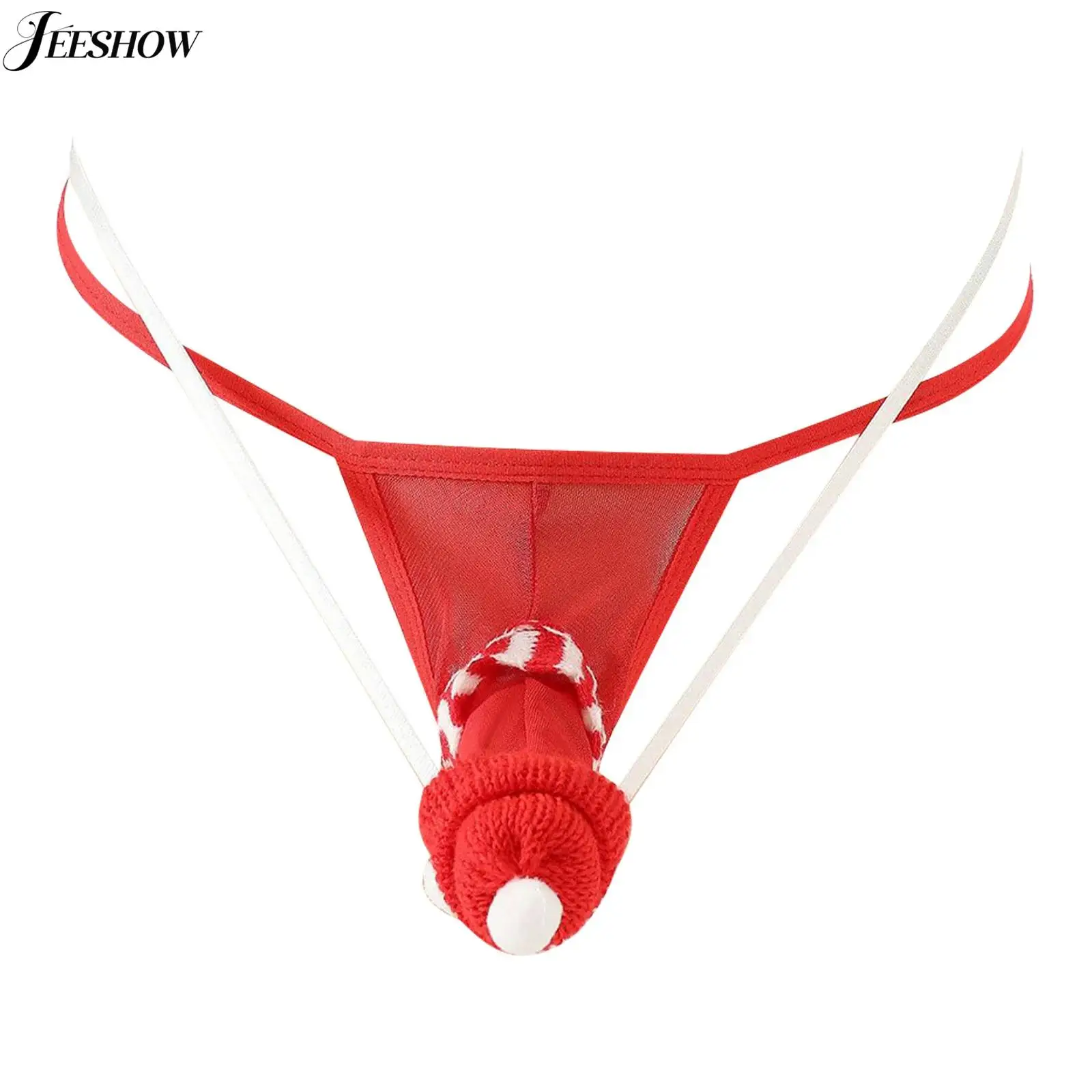 

Mens Sexy Christmas Underwear See Through Sheer Mesh Hollow Out T-back Thongs with Mini Hats Xmas Holiday Lingerie Underpants