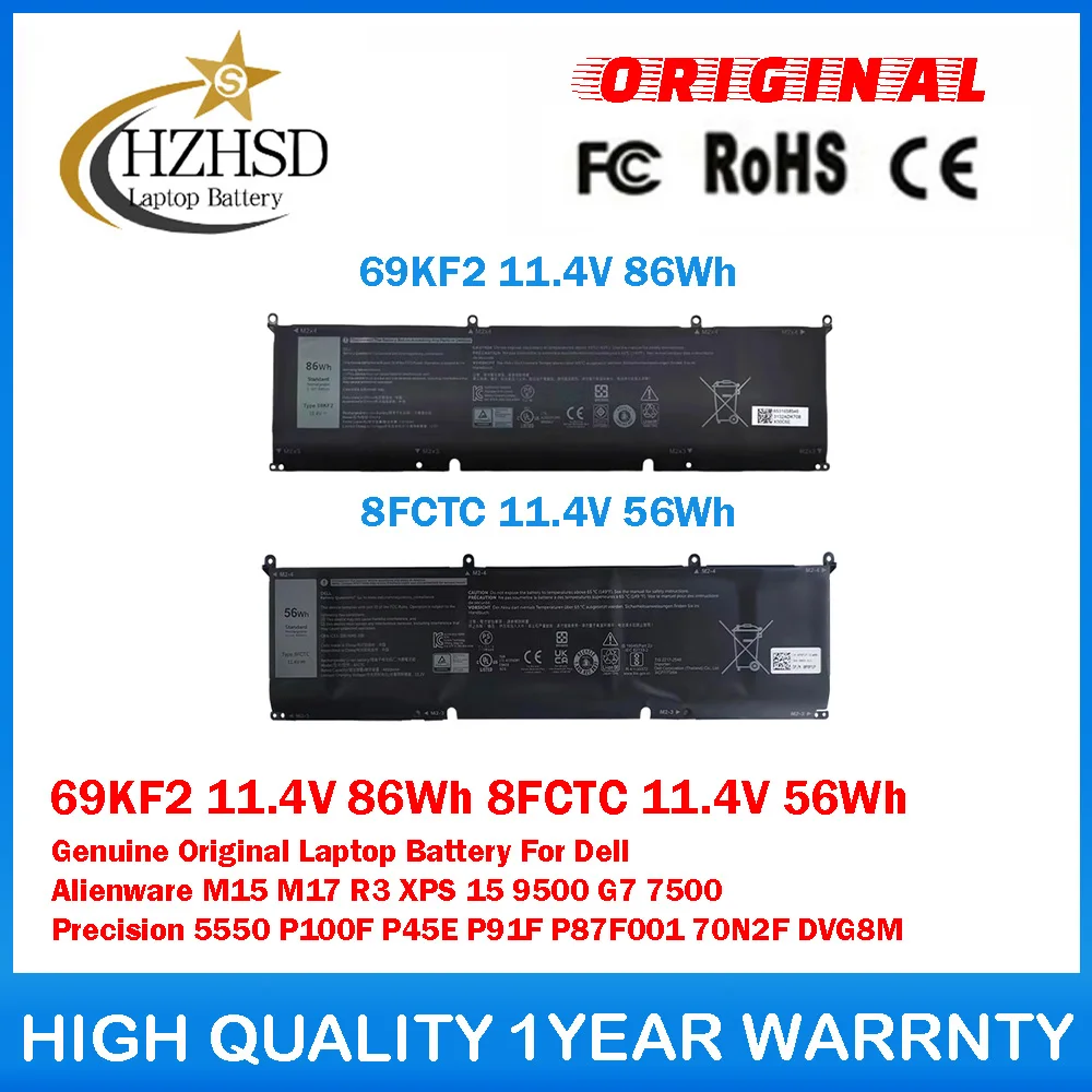 Batería Original Genuina para Portátil Dell Alienware M15/17 R3 XPS 15 9500 Precision 5550 P100F, 69KF2 11.4V 86Wh 8FCTC 11.4V 56Wh