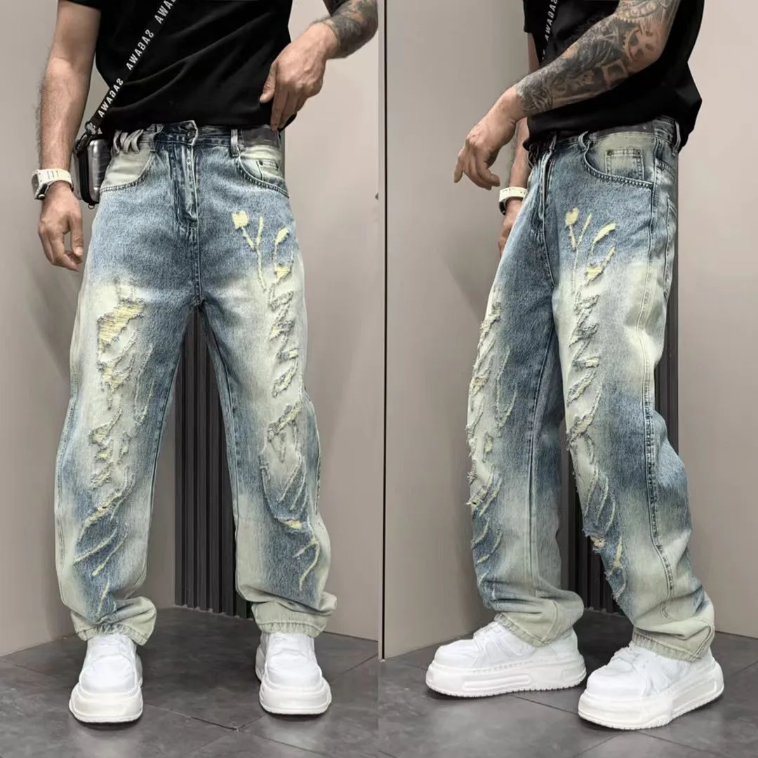 Men's Jeans Man Pants Classic Straight Fit Faded Ripped Jeans Denim Trouser Casual Loose Slim Stylish Street Retro Blue