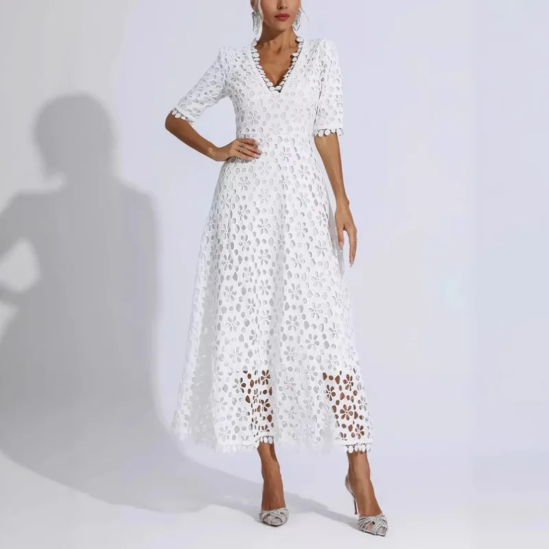 Robe de soirée élégante en dentelle, Corset ajouré, Sexy, Y2K, bureau, manches courtes, col en V, fluide, style Boho, longue robe de plage