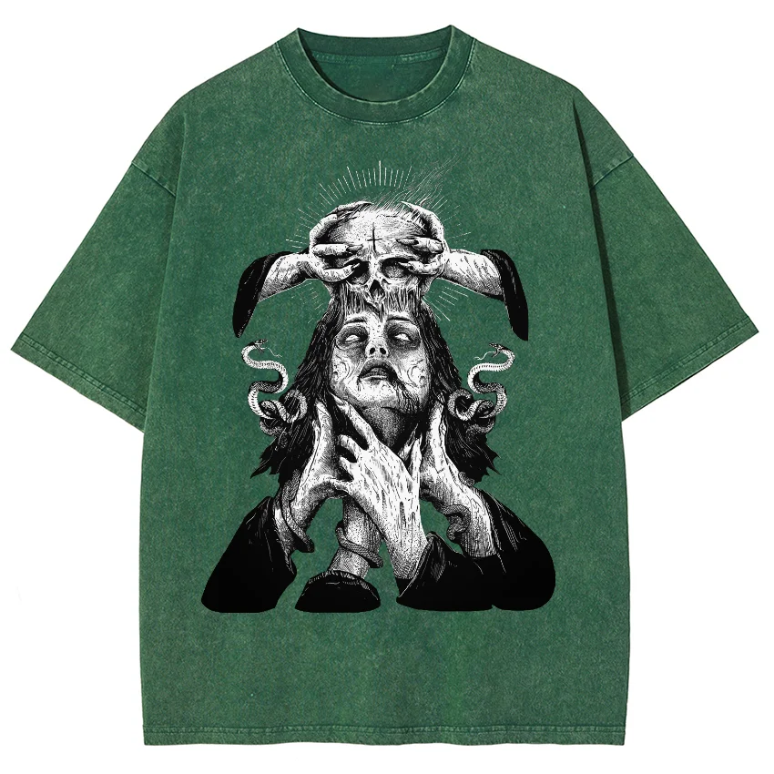 Scary Character Snake Print Cotton Women Washed T-Shirt Summer Oversized Loose Half Sleeve High Street Punk Retro Top Unisex