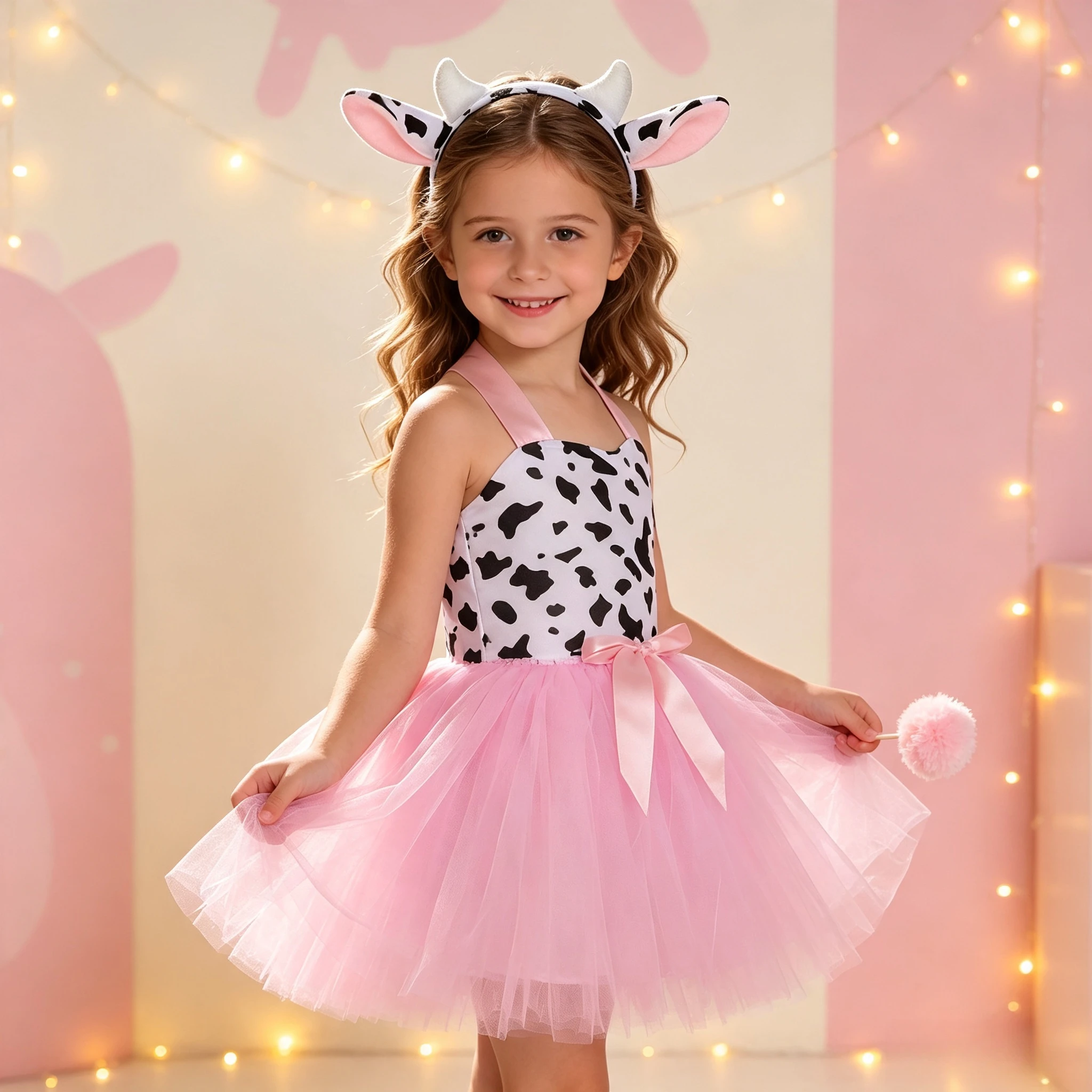Halloween Pink Cow Pattern Tulle Tutu Dress Set Layered Mesh Fluffy A-line Skirt  Animal Themed Party Breathable Mesh Outfit