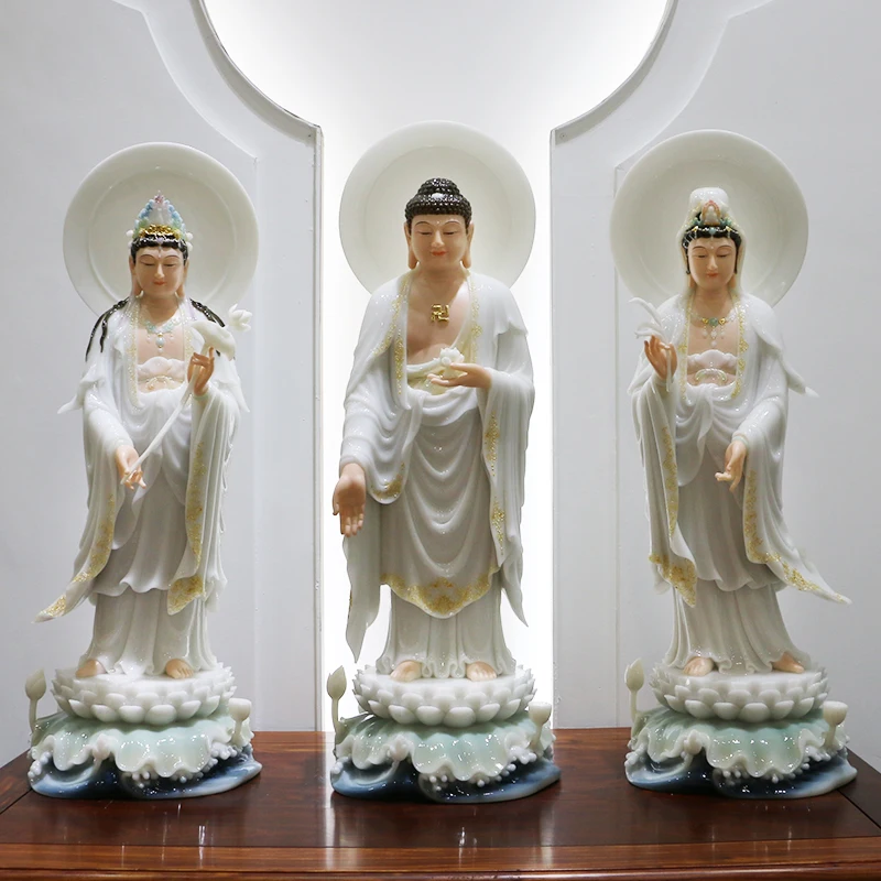 

Large 3P Asia high grade Buddha statue HOME shrine Buddhism XI FANG SANSHENG jade Guan yin Amitabha Mahasthamaprapta