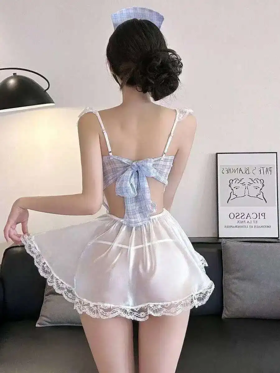 Blauw Sexy V-hals Pure Perspectief Jarretel Mooie Rug Plaid Zachte Meid Korte Pittige Verpleegster Jurk Elegant 2025, Nieuwe 758Z