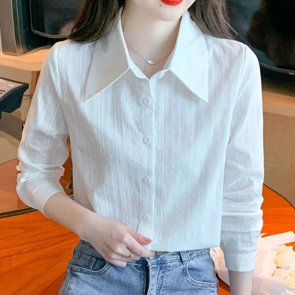 한국 스타일 스윗 스트립 셔츠 탑 루즈핏 얇은 긴팔 블라우스 캐주얼 봄 여름 가을 버튼 셔츠 여성용