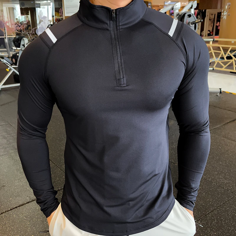Spandex Long Sleeve finger Men Running Fitness Tshirt elastic Quick Dry Sports Bodybuilding Training stand collar Shirts