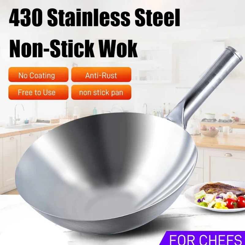 34Cm Roestvrijstalen Wok 1.8Mm Dik Hoge Kwaliteit Chinese Wok Traditionele Non-Stick Roestende Gas Wok Cooker Pan Koken