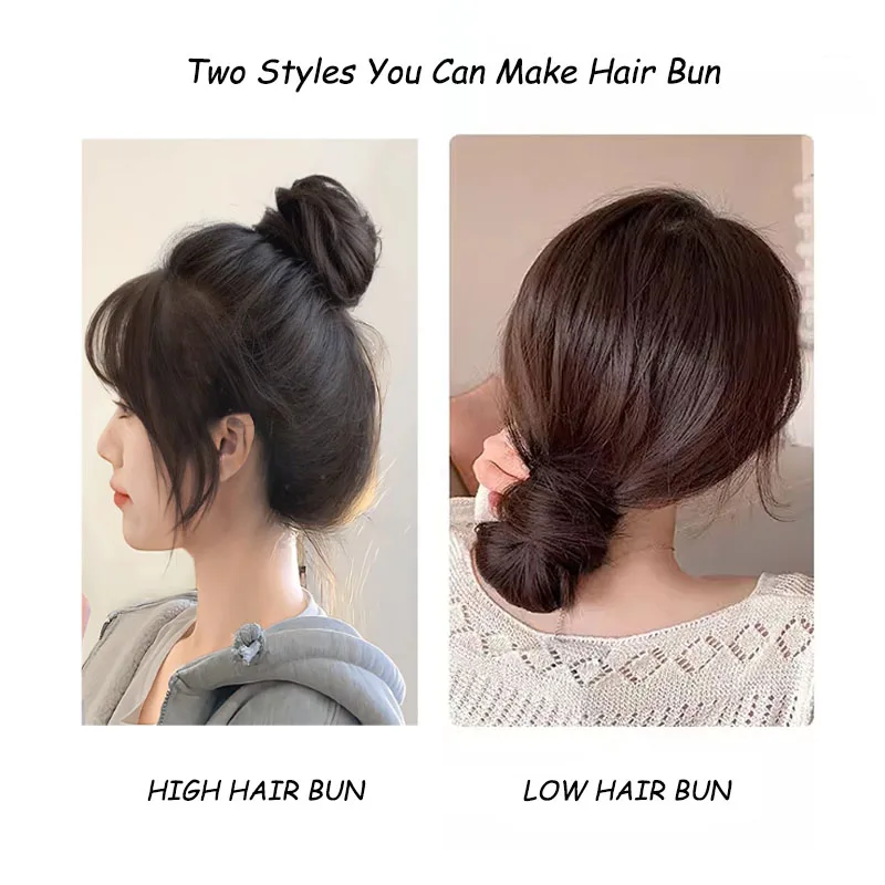 Synthetic  DIY hair bun ponytail with leather band  self winding ball head curly hair bun straight hair bun black  brown