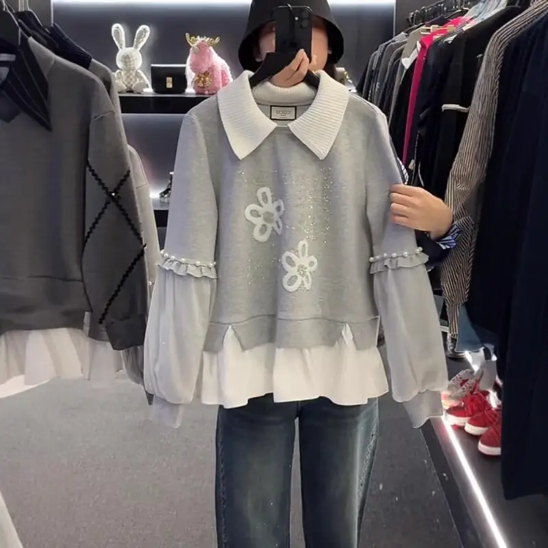 

Осень-зима 2024, новая модная футболка из двух предметов с воротником-стойкой и легким роскошным дизайном из бисера для ногтей, нишевые топы, футболка